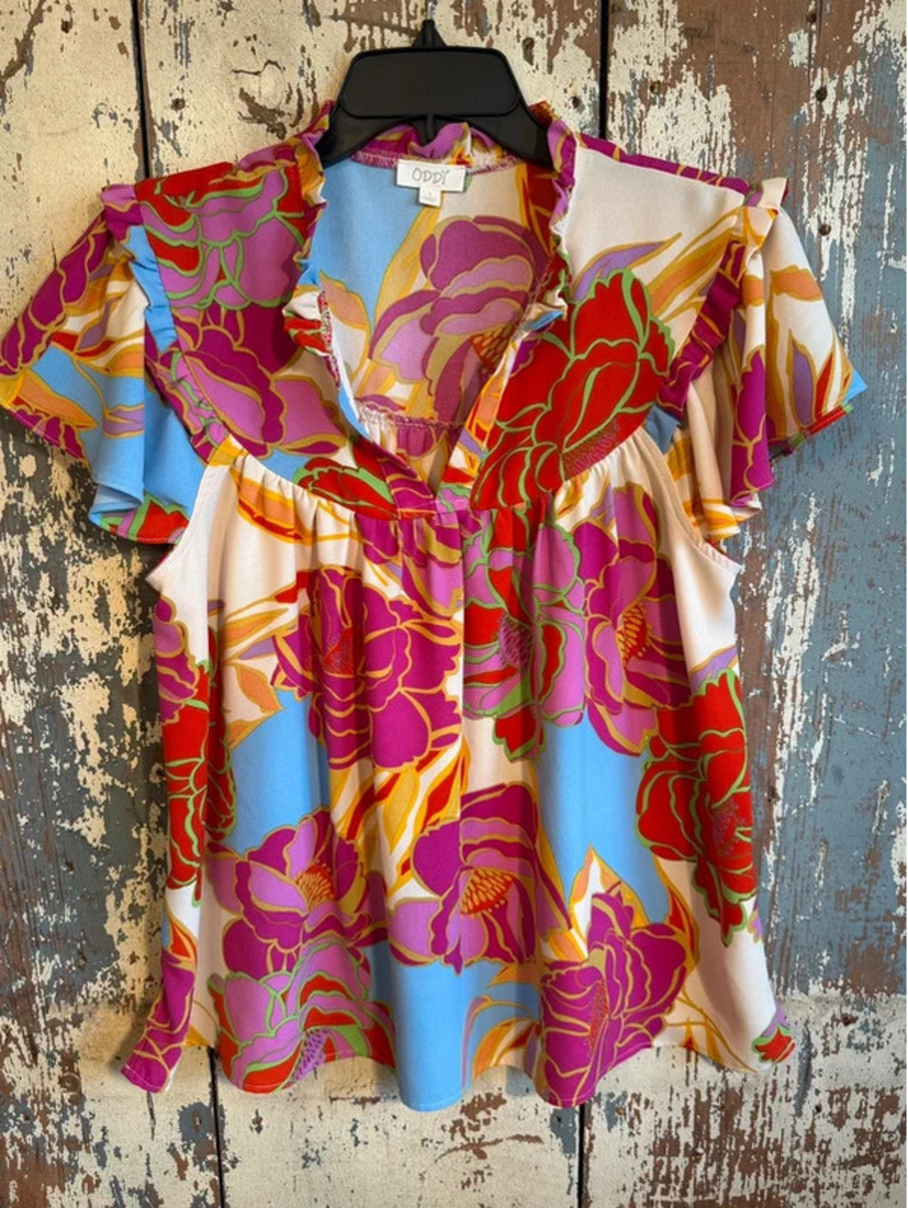 Oddi Floral colorful blouse, short ruffle flutter sleeves, size Large